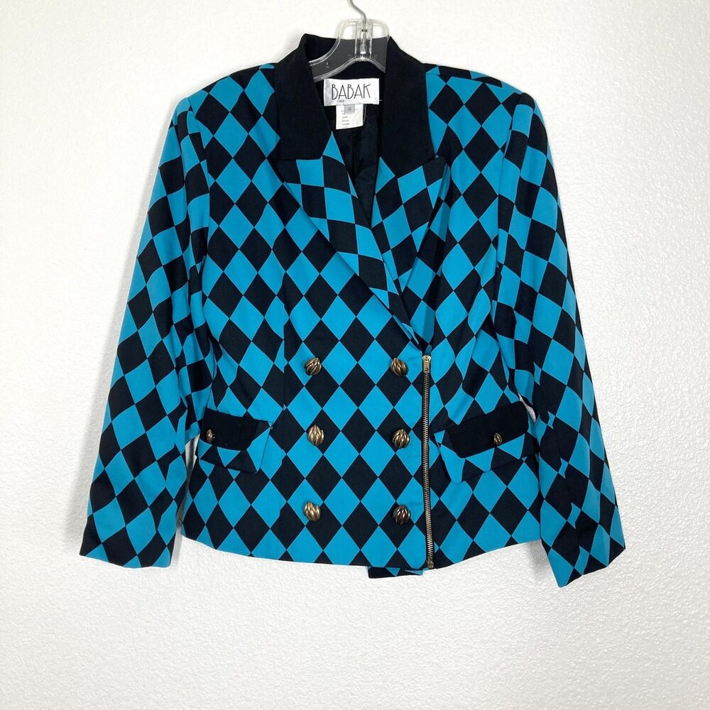Babak Blazer Womens 38 Blue Black Harlequin Argyle Double Breasted Jacket Italy